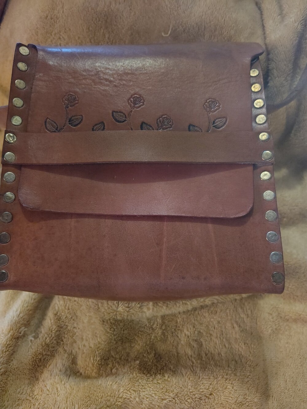 Brown Leather Floral-Embossed Crossbody Bag